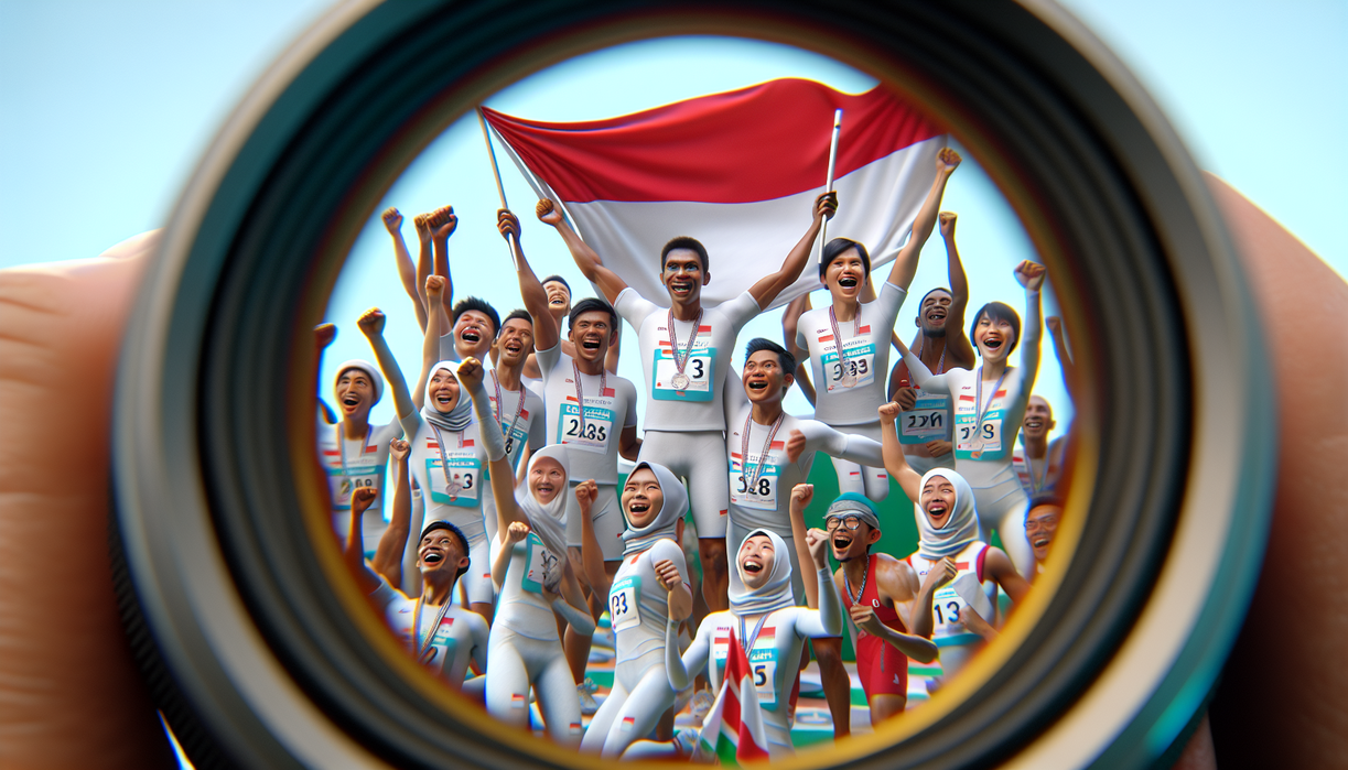 alt_text: Atlet Indonesia merayakan kemenangan di SEA Games 2025, memegang bendera Merah Putih.