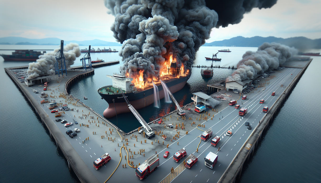 **alt_text:** Kapal terbakar di Tanjung Perak, asap tebal membubung, regu penyelamat sibuk di dermaga.