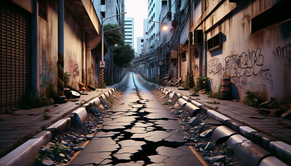 alt_text: Jalan rusak di KL Yos Sudarso, potensi bahaya dan kriminalitas meningkat.