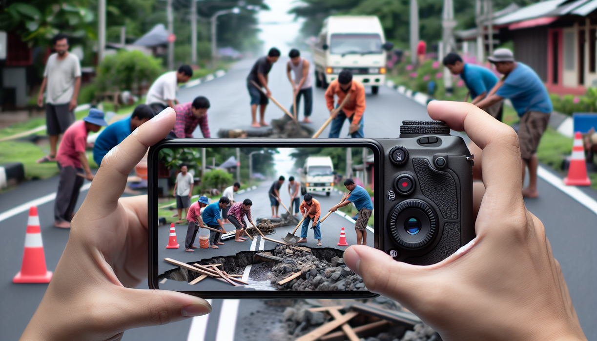 alt_text: Warga memperbaiki jalan rusak sambil live streaming di TikTok hingga jadi viral.