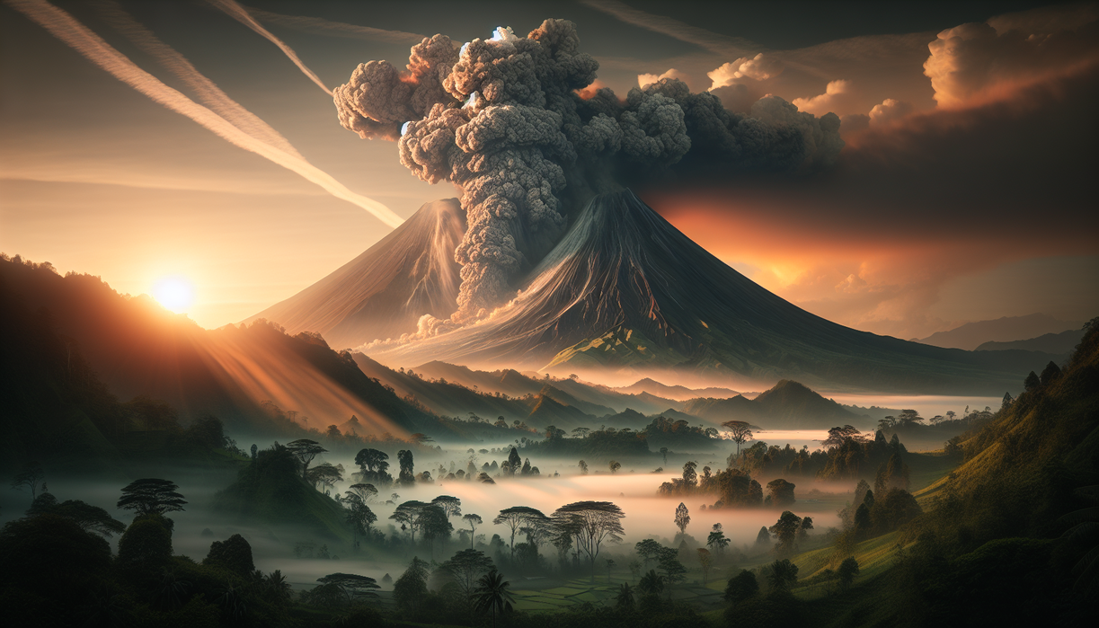 alt_text: Gunung Marapi di pagi hari dengan dua letusan beruntun, diselimuti asap dan abu vulkanik.