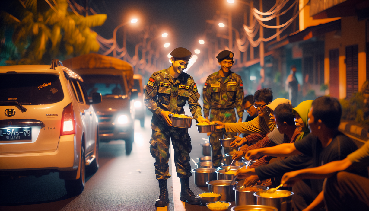 alt_text: Brimob sahur di jalan, berbagi makanan, menyentuh hati, meredam tindak kriminal.